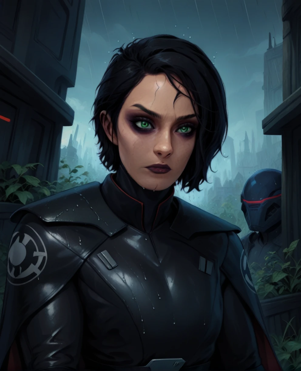 score_9,score_8_up,score_7_up,score_6_up, Trilla,green eyes,black hair, upper body, wet, armor,gloves,black bodysuit,black cape,belt,rain, science fiction,sith base, star wars, outdoors, rain, solo,fflixbag wearing armor sabine wren