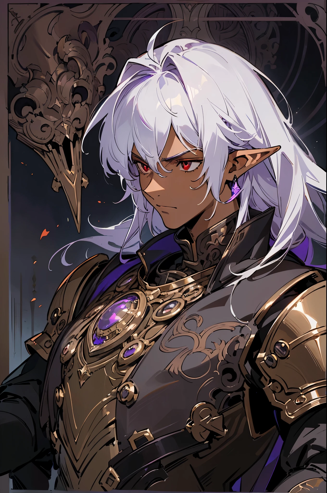 masterpiece, best quality, ultra high res, dark theme, 1boy, (dungeonpunk armor), (mechanical steampunk armor), (wearing armor), fantasy illustration, dark skinned, human, upper body, portrait, red eyes, long white hair, half-drow, pointy ears, serious face, young man, dramatic lighting, purple hue, art by Kinema Citrus