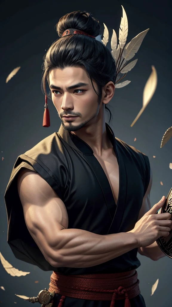 Oriental、Man in simple ancient Chinese costume、ancient chinese hairstyle male、Highest quality、masterpiece、Ultra-high resolution、(Realistic:1.4)、Game Poster、Crisp and beautiful image quality,Embroidered cloth wrapped around a topknot、Feather fan、Black clothes、