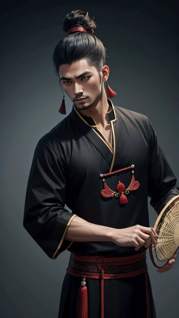 Oriental、Man in simple ancient Chinese costume、ancient chinese hairstyle male、Highest quality、masterpiece、Ultra-high resolution、(Realistic:1.4)、Game Poster、Crisp and beautiful image quality,Embroidered cloth wrapped around a topknot、Feather fan、Black clothes、