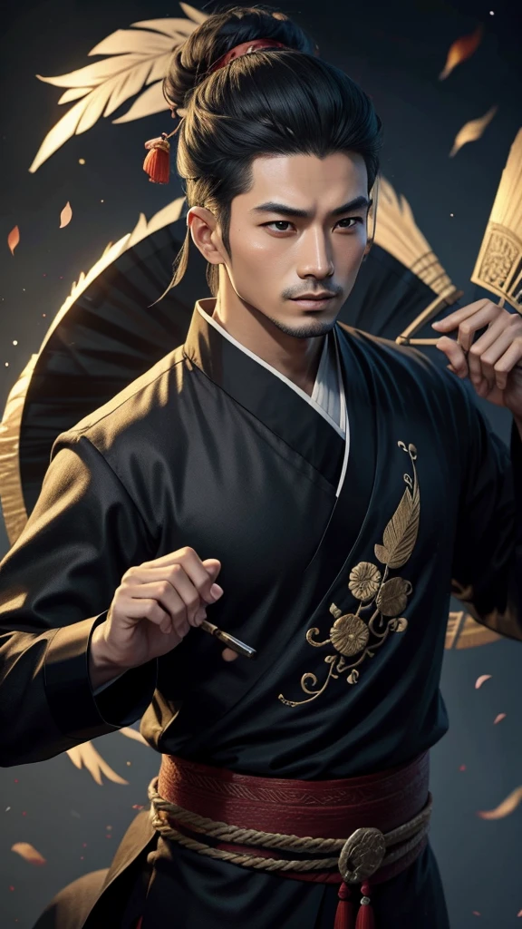 Oriental、Man in simple ancient Chinese costume、ancient chinese hairstyle male、Highest quality、masterpiece、Ultra-high resolution、(Realistic:1.4)、Game Poster、Crisp and beautiful image quality,Embroidered cloth wrapped around a topknot、Feather fan、Black clothes、