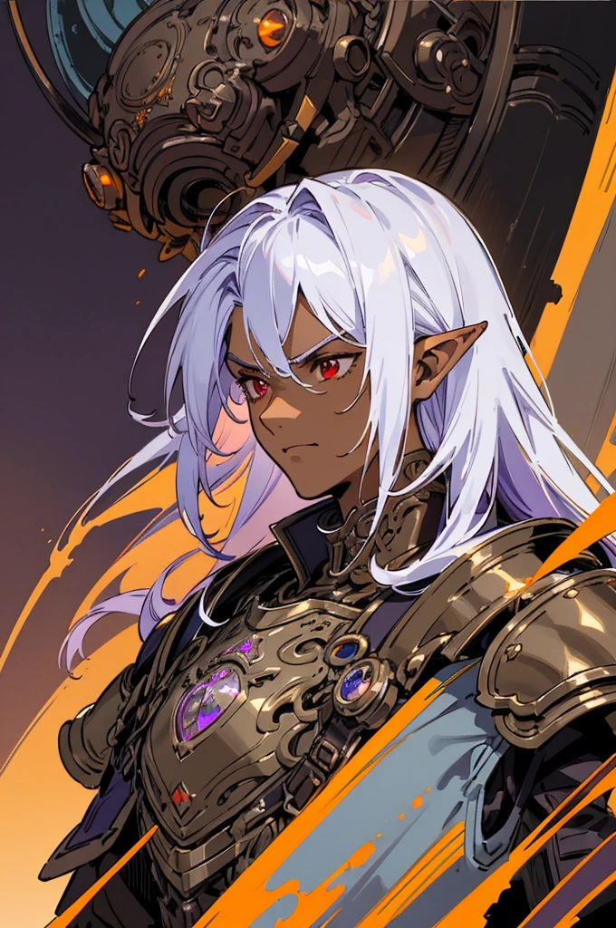 masterpiece, best quality, ultra high res, dark theme, 1boy, (dungeonpunk armor), (mechanical steampunk armor), (wearing armor), fantasy illustration, dark skinned, human, upper body, portrait, red eyes, long white hair, half-drow, pointy ears, serious face, young man, dramatic lighting, purple hue, art by Kinema Citrus