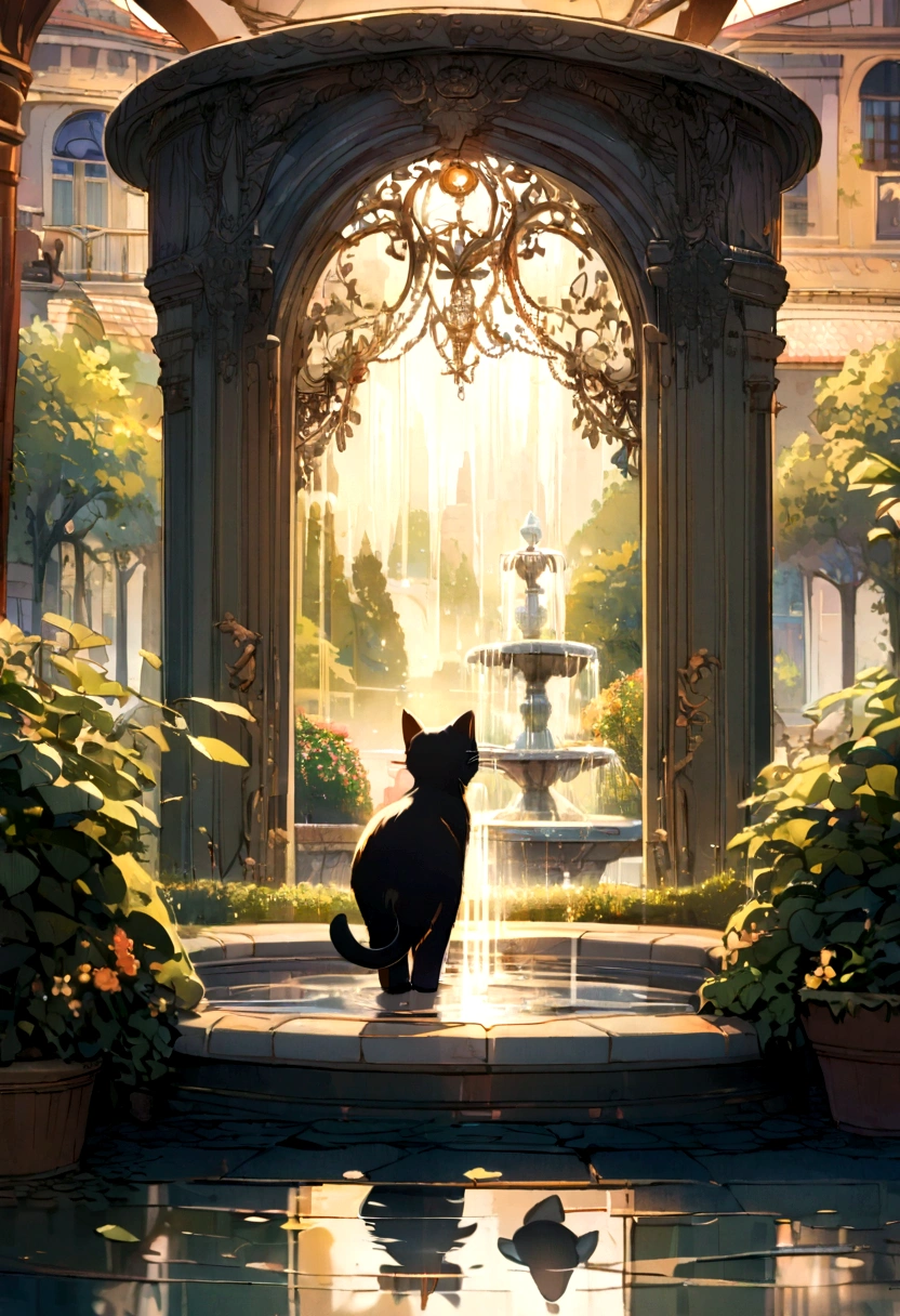 Cute kitten with round eyes, Garden fountain, , Distant home, Mirror Effect