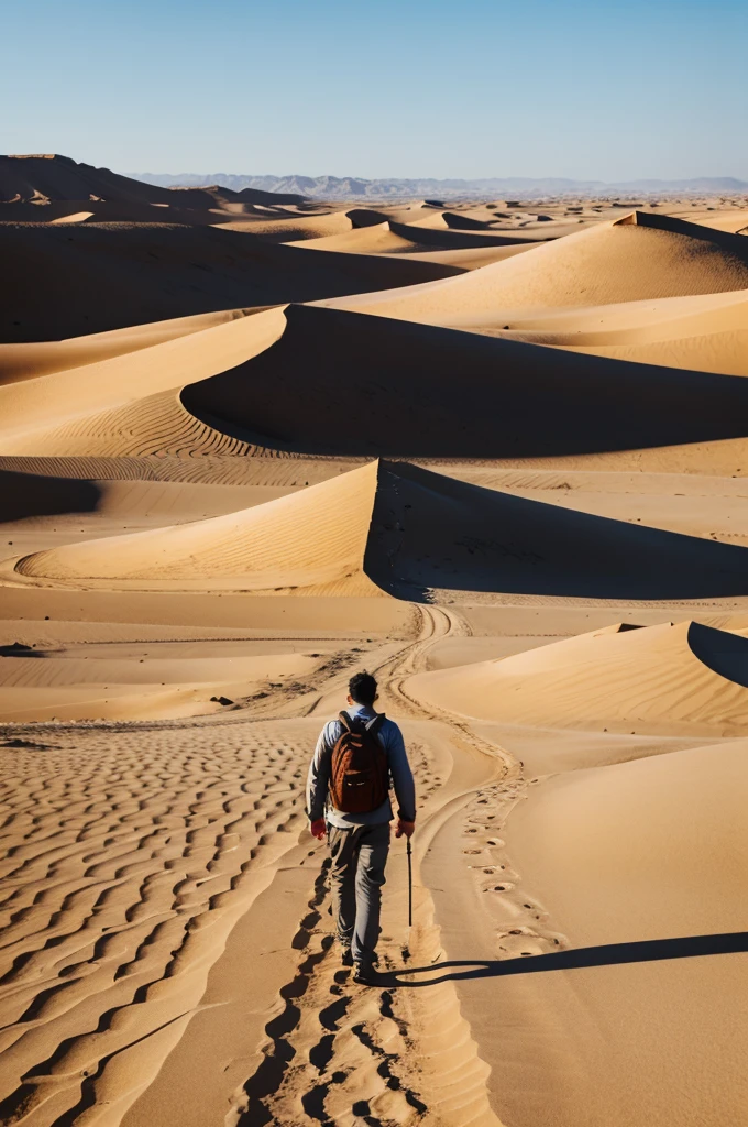A man walking alone a long distance in desert