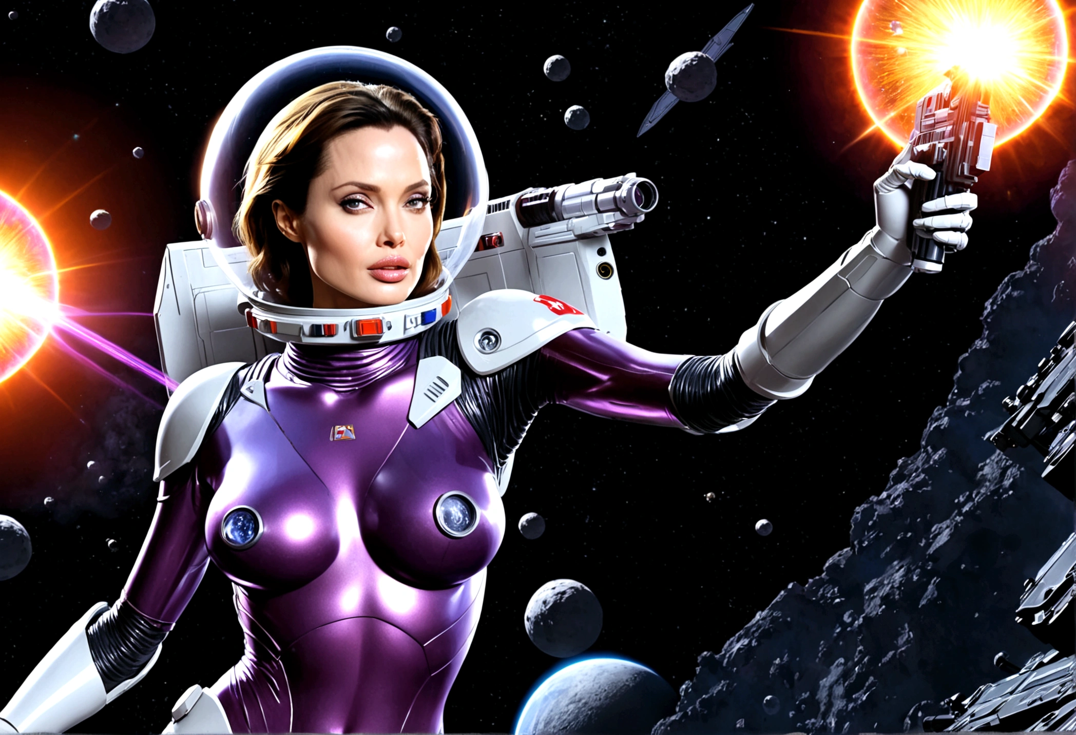 Angelina Jolie (age 25, giga busty, huge breasts, sexy violet clear plastic space suit, thruster pack, bubble dome, big laser rifle) is a scout in an asteroid field, attacked by fembots of the opposing faction (silver and red color scheme). Show the fire fight. Intense action. Angelina takes cover. fembots explode, epic battle in space, laser fire, explosions, show the battle