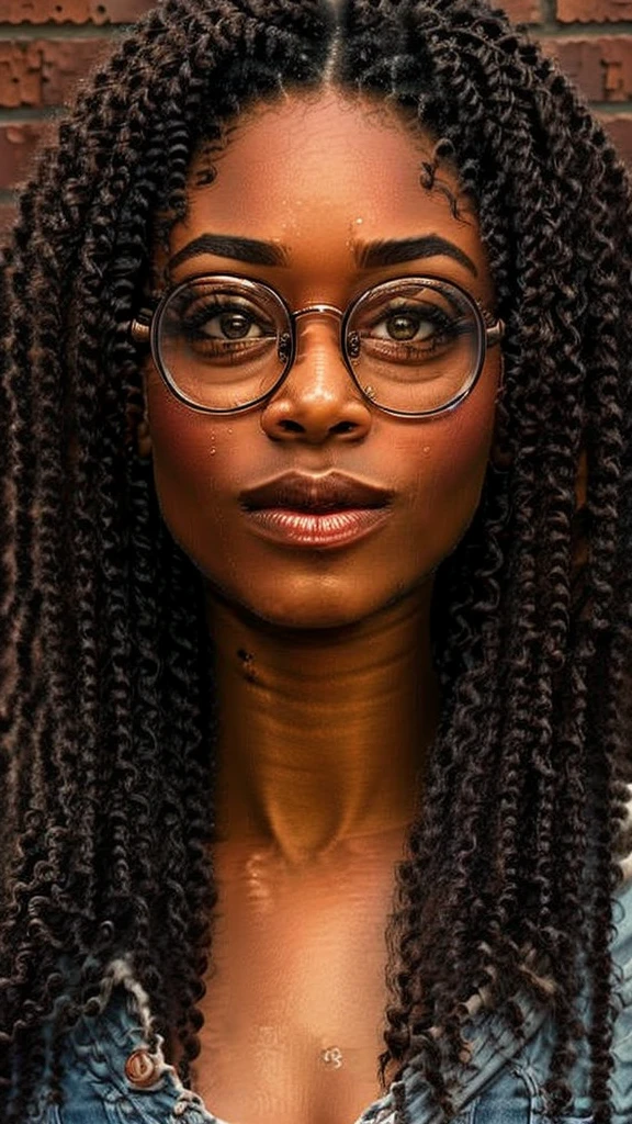 dynamic close-up of the upper part of 1 French woman, black, extremely slim and beautiful, perfect body, (well-shaped and delicate face with (piercing gaze)), black skin with highly detailed depth, she is leaning against a brick wall, ( Long hair, slightly messy and shiny wavy brown hair, hair over the eyes), (detailed, large and bright eyes, light brown eyes, curved eyelashes, large glasses), (sensual pouting with mouth), wearing a short sweater showing the shoulders, (she is sweaty (shining with sweat)), ultra realistic image, Perfect symmetry, vibrant and sharp, dynamic vision, high quality, hyper-realistic and cinematic 32k.