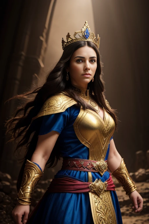 A woman warrior with a strong and heroic presence, long dark hair, piercing blue eyes, wearing a red and blue costume with a golden tiara and lasso, standing in a powerful pose against a dramatic background, (best quality,4k,8k,highres,masterpiece:1.2),ultra-detailed,(realistic,photorealistic,photo-realistic:1.37),detailed facial features, intricate costume details, dynamic lighting, epic fantasy landscape, cinematic composition, rich colors, dramatic atmosphere