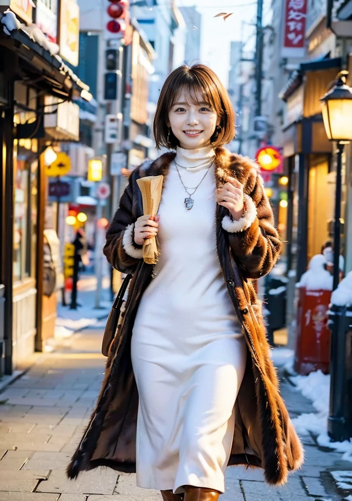 Outdoors in the city、Fur coat、豪華なグレーのミンクのFur coat、Wear leather boots、Luxury Bags、Inner turtleneck、Silver necklace and small silver earrings, Illionaire style:1.4））、Full body photo、smile、 Caustics、Highly detailed photos、Very beautiful woman 、Ample breasts、No makeup、(8K、RAW Photos、Highest quality、masterpiece:1.2)、(Realistic、Realistic)、1 Girl、((Medium Short Hair、Midwinter、Cold region Snow falling、The wind is blowing、Fluttering Hair、Blur the background、Colorful illuminations、Looking into the camera:1.4))、
