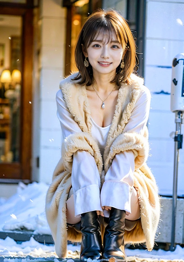 Outdoors in the city、Fur coat、豪華なグレーのミンクのFur coat、Wear leather boots、Luxury Bags、Inner turtleneck、Silver necklace and small silver earrings, Illionaire style:1.4))、Full body photo、smile、 Caustics、Highly detailed photos、Very beautiful woman 、Ample breasts、No makeup、(8K、RAW Photos、Highest quality、masterpiece:1.2)、(Realistic、Realistic)、1 Girl、((Medium Short Hair、Midwinter、Cold region Snow falling、The wind is blowing、Fluttering Hair、Blur the background、Colorful illuminations、Looking into the camera:1.4))、