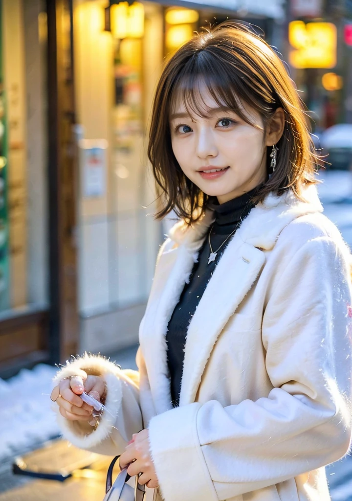 Outdoors in the city、Fur coat、豪華なグレーのミンクのFur coat、Wear leather boots、Luxury Bags、Inner turtleneck、Silver necklace and small silver earrings, Illionaire style:1.4))、Full body photo、smile、 Caustics、Highly detailed photos、Very beautiful woman 、Ample breasts、No makeup、(8K、RAW Photos、Highest quality、masterpiece:1.2)、(Realistic、Realistic)、1 Girl、((Medium Short Hair、Midwinter、Cold region Snow falling、The wind is blowing、Fluttering Hair、Blur the background、Colorful illuminations、Looking into the camera:1.4))、