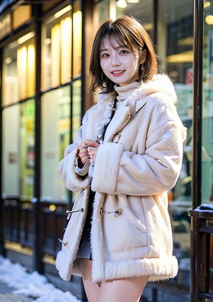 Outdoors in the city、Fur coat、豪華なグレーのミンクのFur coat、Wear leather boots、Luxury Bags、Inner turtleneck、Silver necklace and small silver earrings, Illionaire style:1.4））、Full body photo、smile、 Caustics、Highly detailed photos、Very beautiful woman 、Ample breasts、No makeup、(8K、RAW Photos、Highest quality、masterpiece:1.2)、(Realistic、Realistic)、1 Girl、((Medium Short Hair、Midwinter、Cold region Snow falling、The wind is blowing、Fluttering Hair、Blur the background、Colorful illuminations、Looking into the camera:1.4))、
