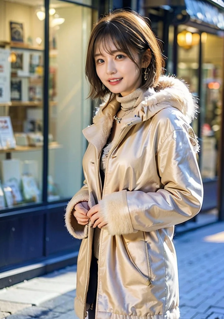 Outdoors in the city、Fur coat、豪華なグレーのミンクのFur coat、Wear leather boots、Luxury Bags、Inner turtleneck、Silver necklace and small silver earrings, Illionaire style:1.4))、Full body photo、smile、 Caustics、Highly detailed photos、Very beautiful woman 、Ample breasts、No makeup、(8K、RAW Photos、Highest quality、masterpiece:1.2)、(Realistic、Realistic)、1 Girl、((Medium Short Hair、Midwinter、Cold region Snow falling、The wind is blowing、Fluttering Hair、Blur the background、Colorful illuminations、Looking into the camera:1.4))、