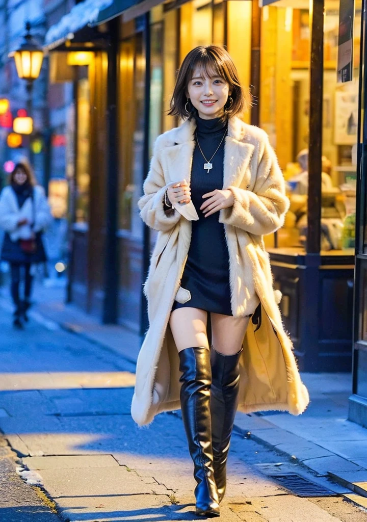 Outdoors in the city、Fur coat、豪華なグレーのミンクのFur coat、Wear leather boots、Luxury Bags、Inner turtleneck、Silver necklace and small silver earrings, Illionaire style:1.4））、Full body photo、smile、 Caustics、Highly detailed photos、Very beautiful woman 、Ample breasts、No makeup、(8K、RAW Photos、Highest quality、masterpiece:1.2)、(Realistic、Realistic)、1 Girl、((Medium Short Hair、Midwinter、Cold region Snow falling、The wind is blowing、Fluttering Hair、Blur the background、Colorful illuminations、Looking into the camera:1.4))、
