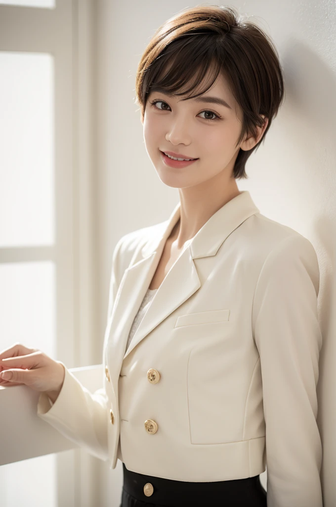 realistic light,natural light,white background,최고 quality、8 thousand、32,000、masterpiece、uhd:1.2) quality, primitive photorealism, laugh, Beautiful girl, cute, Short hair, depth of field, high resolution, ultra detail, Highly detailed eyes and face,small eyes,Short hair,short cut,short hair,Ivory Jacket
