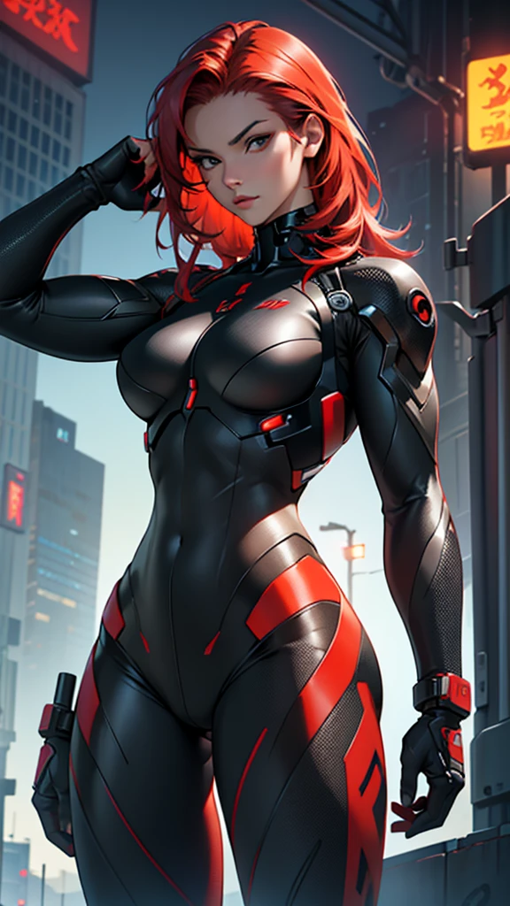 Beautiful cybernetic girl detailed muscles realistic masterpieces full figure pose (best quality,ultra-detailed), unique red hair, fair skin, fit body, slim figure, narrow waist, (sultry expression), black carbon fiber cybernetic mobile combat suit