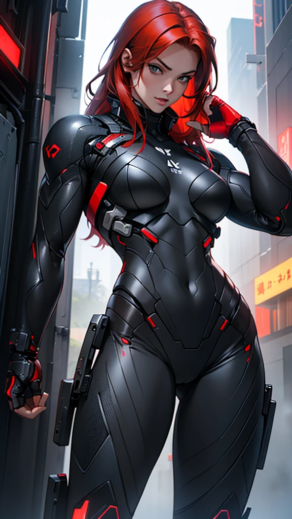 Beautiful cybernetic girl detailed muscles realistic masterpieces full figure pose (best quality,ultra-detailed), unique red hair, fair skin, fit body, slim figure, narrow waist, (sultry expression), black carbon fiber cybernetic mobile combat suit