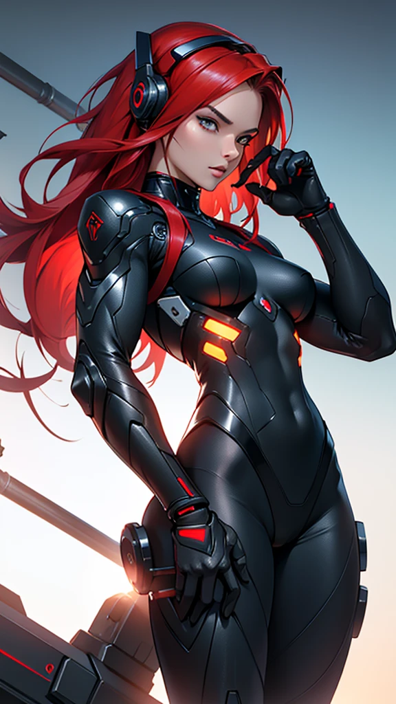 Beautiful cybernetic girl detailed muscles realistic masterpieces full figure pose (best quality,ultra-detailed), unique red hair, fair skin, fit body, slim figure, narrow waist, (sultry expression), black carbon fiber cybernetic mobile combat suit