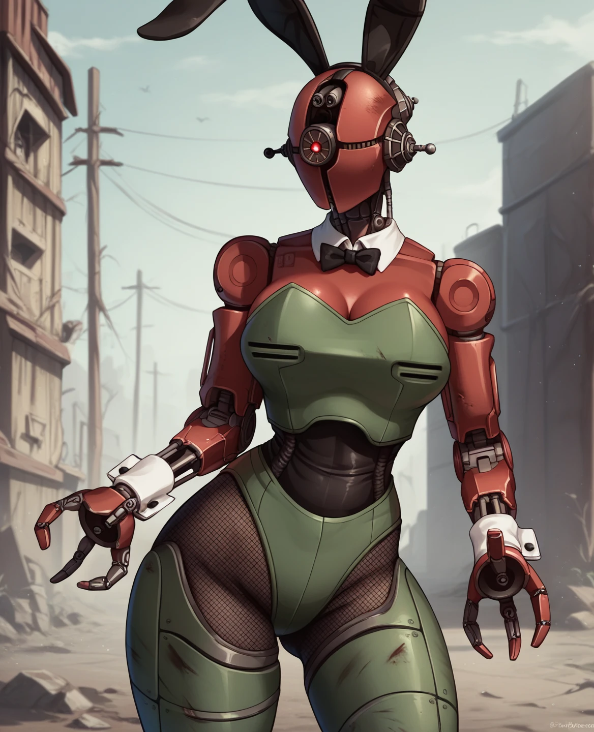 score_9, score_8_up, score_7_up, score_6_up, score_5_up, source_furry, , red, assaultron, fallout, 1girl, solo, breasts, looking at viewer, robot, humanoid robot, robot joints, one-eyed, joints, no humans, red skin, mechanical arms, crotch plate, science fiction, post-apocalypse, outside, green armor, robotic hand, 3 fingers, playboy bunny suit, full figure, large breasts, thick thighs, fishnet and garter belt, black bowtie, white collar, white wristcuffs, 