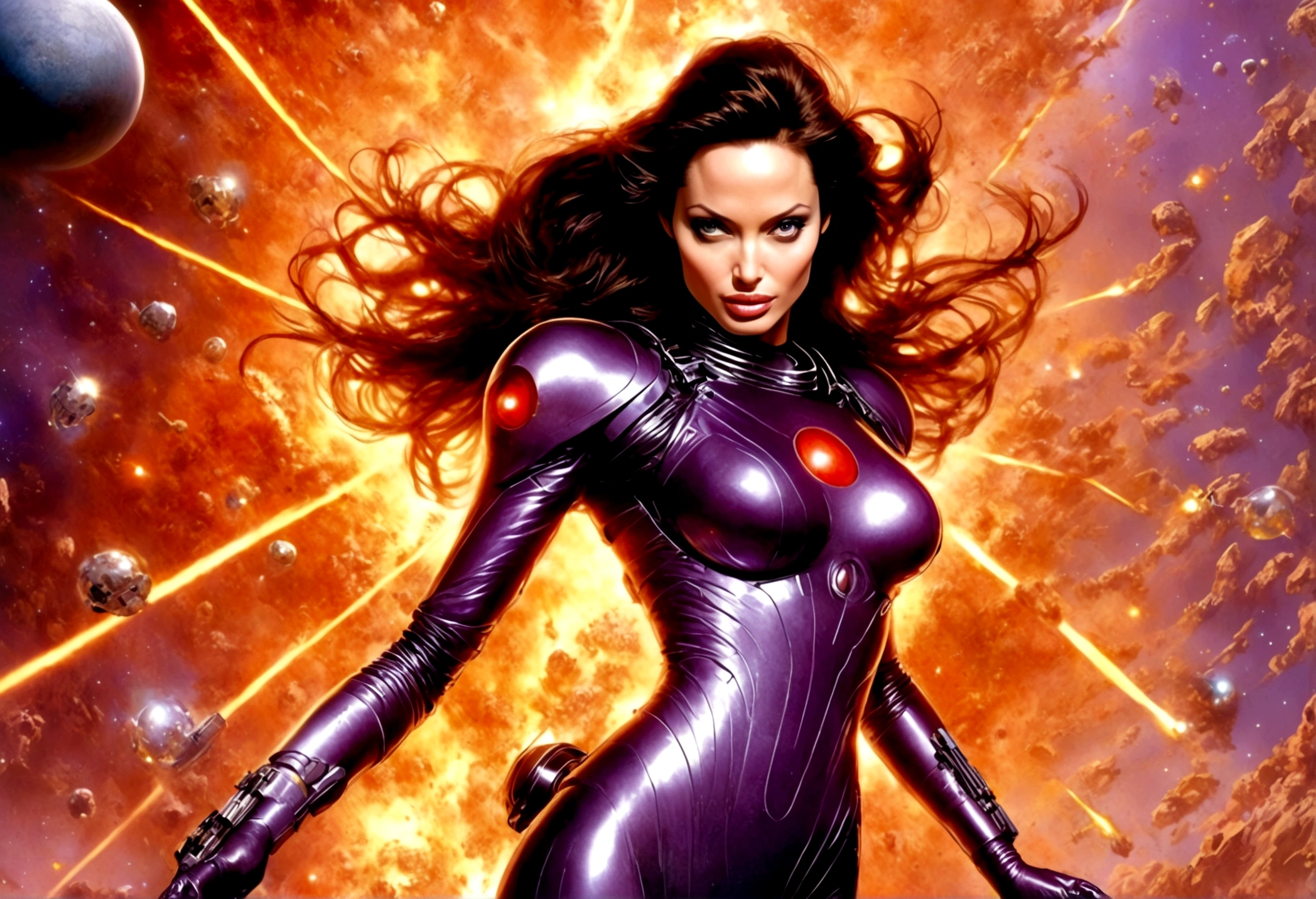 Angelina Jolie (age 25, giga busty, huge breasts, sexy violet clear plastic space suit, thruster pack, bubble dome, big laser rifle) is a scout in an asteroid field, attacked by fembots of the opposing faction (silver and red color scheme). Show the fire fight. Intense action. Angelina takes cover. fembots explode, epic battle in space, laser fire, explosions, show the battle