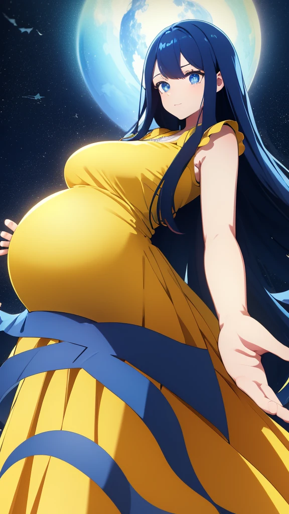 Pregnant women in yellow dress,dark blue long hair, 4k high detaile no water makes, blue eye , high quality  ,one hand in rose ,((blue hair))