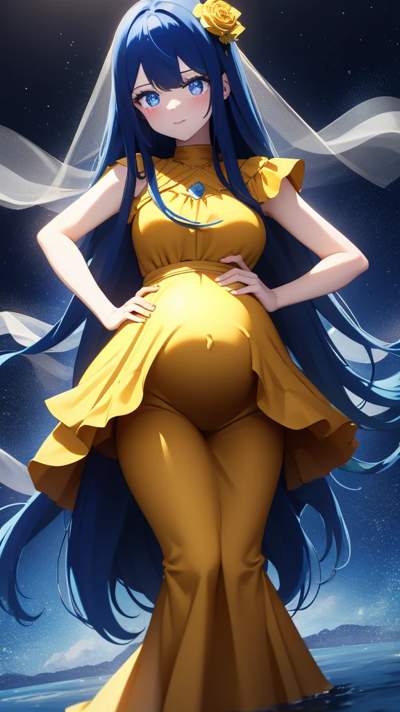 Pregnant women in yellow dress,dark blue long hair, 4k high detaile no water makes, blue eye , high quality  ,one hand in rose ,((blue hair))