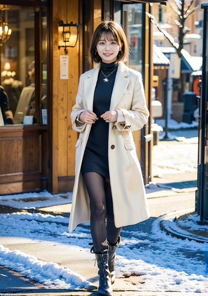 Outdoors in the city、Fur coat、豪華なグレーのミンクのFur coat、Wear leather boots、Luxury Bags、Inner turtleneck、Silver necklace and small silver earrings, Illionaire style:1.4））、Full body photo、smile、 Caustics、Highly detailed photos、Very beautiful woman 、Ample breasts、No makeup、(8K、RAW Photos、Highest quality、masterpiece:1.2)、(Realistic、Realistic)、1 Girl、((Medium Short Hair、Midwinter、Cold region Snow falling、The wind is blowing、Fluttering Hair、Blur the background、Colorful illuminations、Looking into the camera:1.4))、
