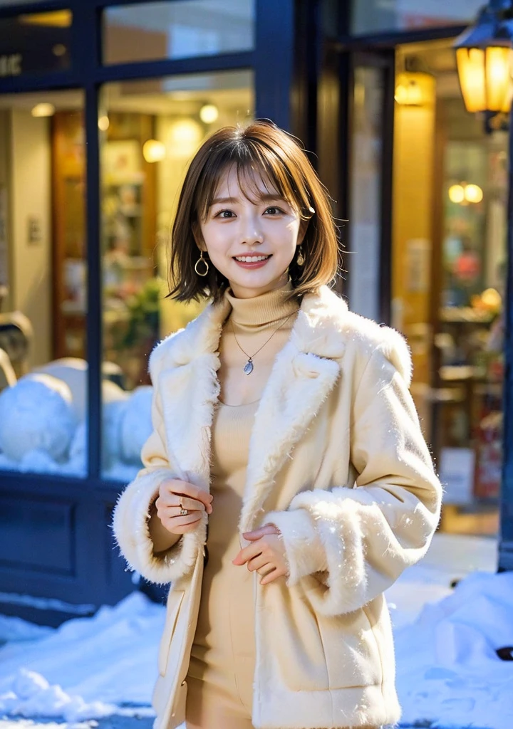 Outdoors in the city、Fur coat、豪華なグレーのミンクのFur coat、Wear leather boots、Luxury Bags、Inner turtleneck、Silver necklace and small silver earrings, Illionaire style:1.4））、Full body photo、smile、 Caustics、Highly detailed photos、Very beautiful woman 、Ample breasts、No makeup、(8K、RAW Photos、Highest quality、masterpiece:1.2)、(Realistic、Realistic)、1 Girl、((Medium Short Hair、Midwinter、Cold region Snow falling、The wind is blowing、Fluttering Hair、Blur the background、Colorful illuminations、Looking into the camera:1.4))、
