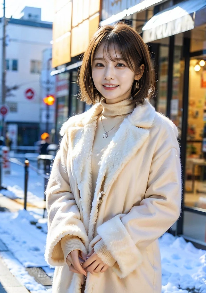 Outdoors in the city、Fur coat、豪華なグレーのミンクのFur coat、Wear leather boots、Luxury Bags、Inner turtleneck、Silver necklace and small silver earrings, Illionaire style:1.4))、Full body photo、smile、 Caustics、Highly detailed photos、Very beautiful woman 、Ample breasts、No makeup、(8K、RAW Photos、Highest quality、masterpiece:1.2)、(Realistic、Realistic)、1 Girl、((Medium Short Hair、Midwinter、Cold region Snow falling、The wind is blowing、Fluttering Hair、Blur the background、Colorful illuminations、Looking into the camera:1.4))、