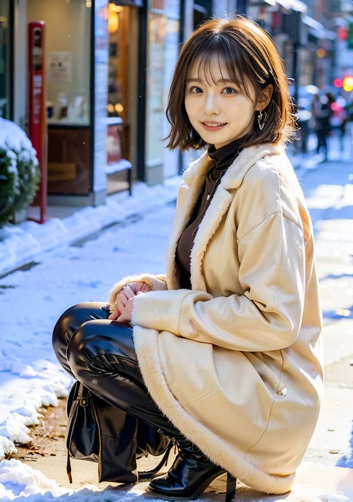 Outdoors in the city、Fur coat、豪華なグレーのミンクのFur coat、Wear leather boots、Luxury Bags、Inner turtleneck、Silver necklace and small silver earrings, Illionaire style:1.4））、Full body photo、smile、 Caustics、Highly detailed photos、Very beautiful woman 、Ample breasts、No makeup、(8K、RAW Photos、Highest quality、masterpiece:1.2)、(Realistic、Realistic)、1 Girl、((Medium Short Hair、Midwinter、Cold region Snow falling、The wind is blowing、Fluttering Hair、Blur the background、Colorful illuminations、Looking into the camera:1.4))、
