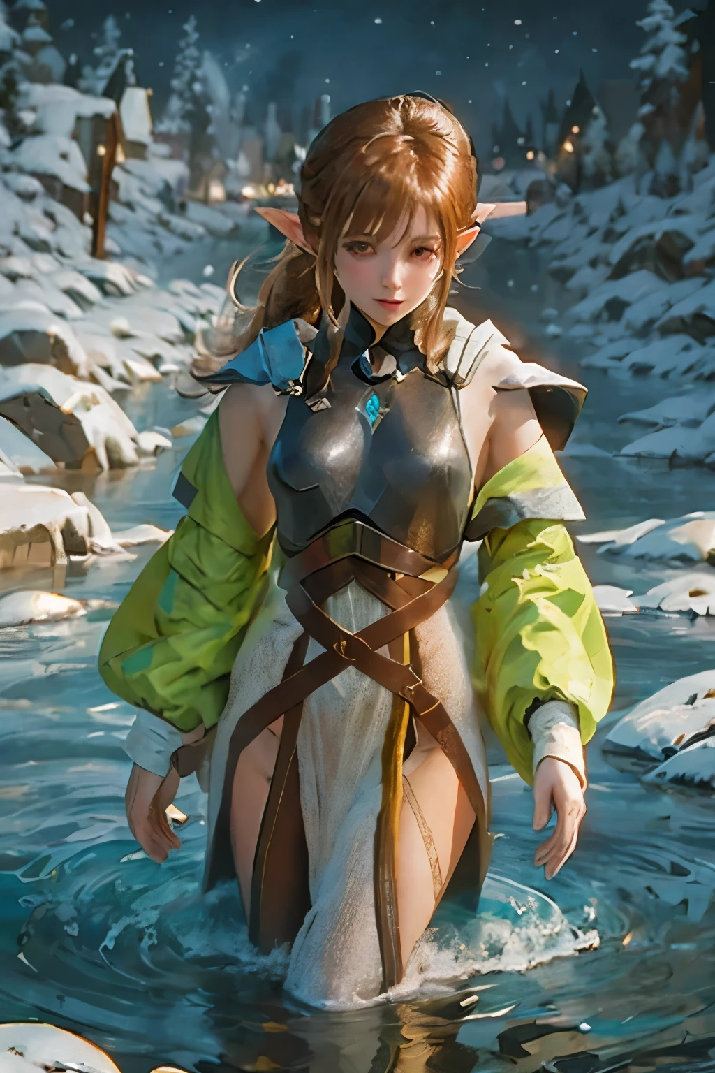 A sci-fi-style image of a slender Yrliet-like elven woman with brown hair in a high ponytail and a green cloak