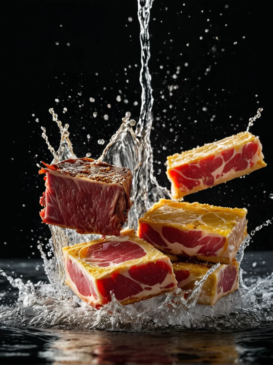 fresh various meat seamless background, dropping in the water, splash water. shot using a leica camera, professional color grading. desserts magazine photographyiso 300. accomplishment winning photography. advertising photographyclean sharp focus. high - end compositing. commercial photography. soft shadows 8k