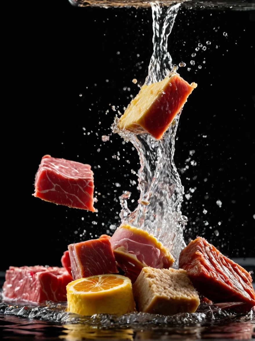 fresh various meat seamless background, dropping in the water, splash water. shot using a leica camera, professional color grading. desserts magazine photographyiso 300. accomplishment winning photography. advertising photographyclean sharp focus. high - end compositing. commercial photography. soft shadows 8k
