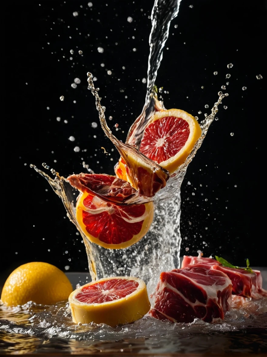 fresh various meat seamless background, dropping in the water, splash water. shot using a leica camera, professional color grading. desserts magazine photographyiso 300. accomplishment winning photography. advertising photographyclean sharp focus. high - end compositing. commercial photography. soft shadows 8k