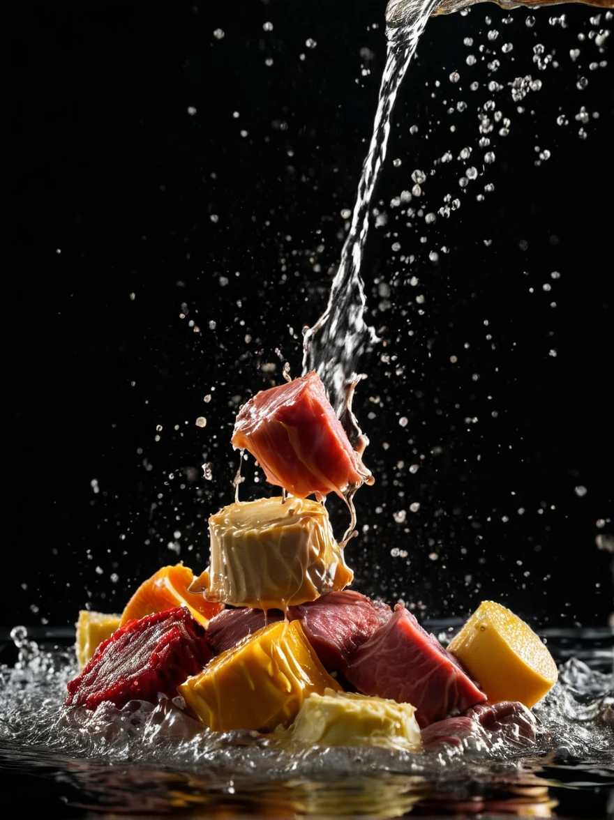 fresh various meat seamless background, dropping in the water, splash water. shot using a leica camera, professional color grading. desserts magazine photographyiso 300. accomplishment winning photography. advertising photographyclean sharp focus. high - end compositing. commercial photography. soft shadows 8k