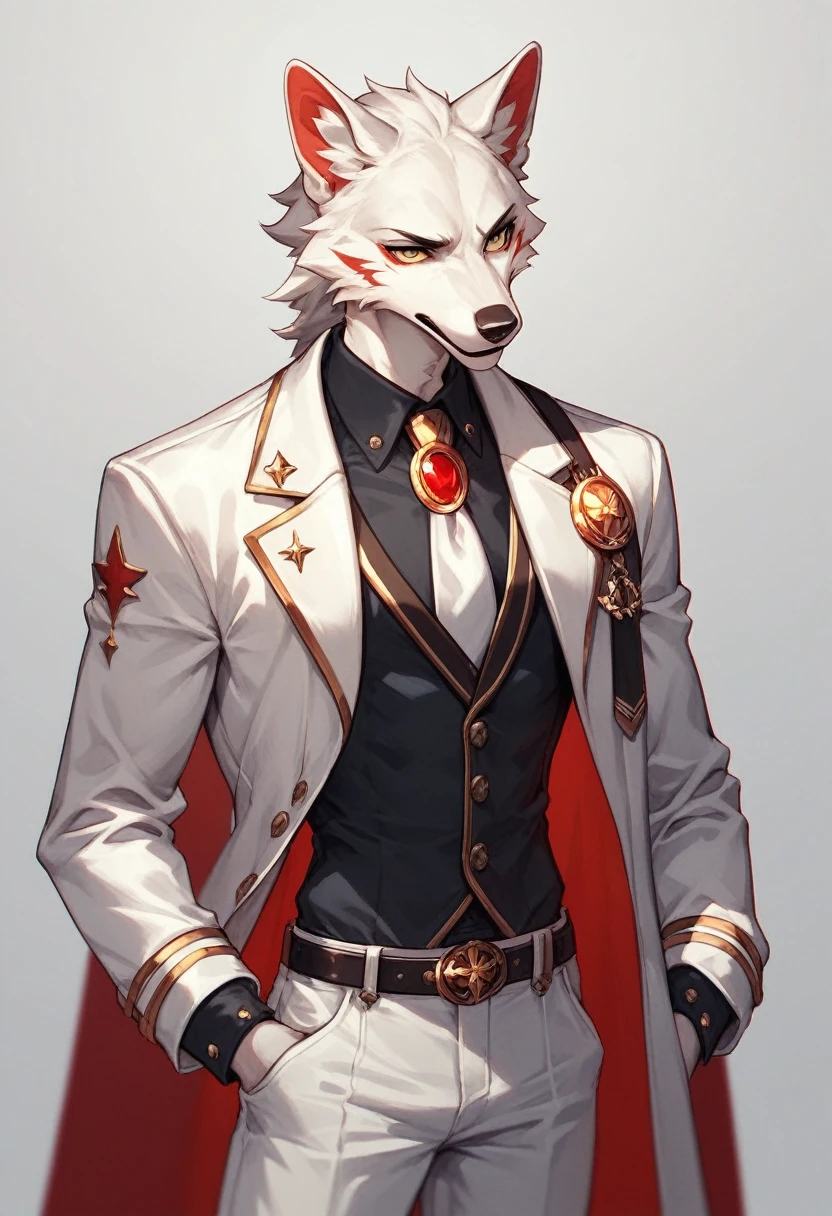 White suit jacket with black details on the shoulders, a black shirt under the suit with a skinny tie that has a gold brooch with a wolf figure. his belt, It has a large and decorative buckle, White dress pants, clothes stained with some blood