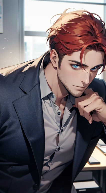 (best quality,4k,8k,highres,masterpiece:1.2),ultra-detailed,(realistic,photorealistic,photo-realistic:1.37),1 man,31 years old,mature man,very handsome,without expression,smile,short red white hair,blue eyes,penetrating gaze,perfect face without errors,imposing posture,businessman,office background,cinematic lighting,hdr image