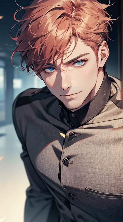 (best quality,4k,8k,highres,masterpiece:1.2),ultra-detailed,(realistic,photorealistic,photo-realistic:1.37),1 man,31 years old,mature man,very handsome,without expression,smile,short red white hair,blue eyes,penetrating gaze,perfect face without errors,imposing posture,businessman,office background,cinematic lighting,hdr image