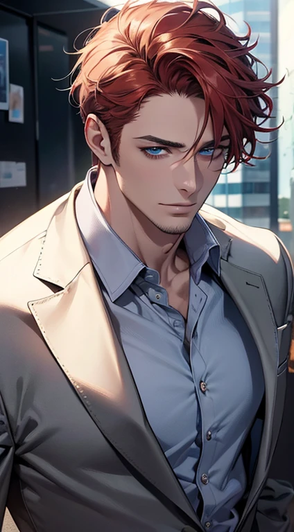 (best quality,4k,8k,highres,masterpiece:1.2),ultra-detailed,(realistic,photorealistic,photo-realistic:1.37),1 man,31 years old,mature man,very handsome,without expression,smile,short red white hair,blue eyes,penetrating gaze,perfect face without errors,imposing posture,businessman,office background,cinematic lighting,hdr image