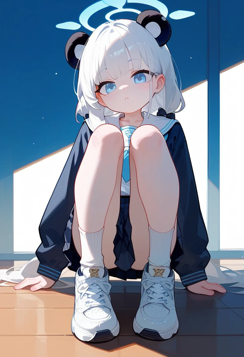 character anime , white hair, panda features,with both hair tied in two cute, Japanese school girl uniform, pleated skirt and knee-high socks, sneakers (FROM BLUE ARCHIVE)