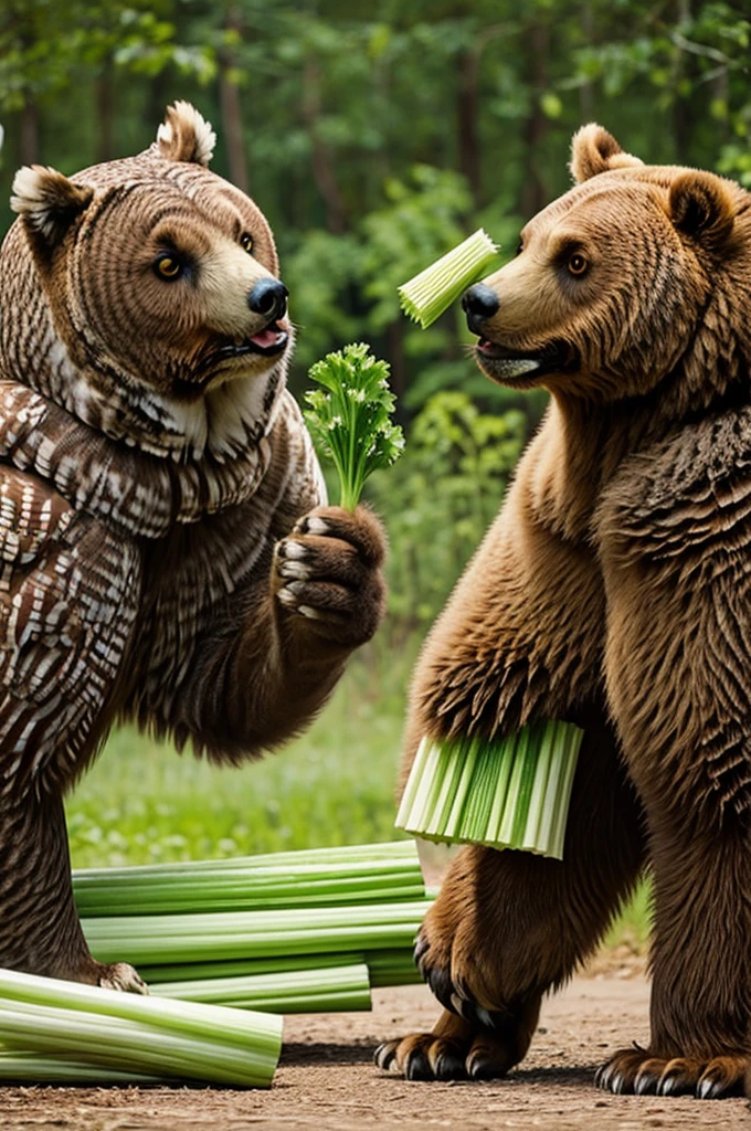 Owl stealing a piece of celery from a brown bear