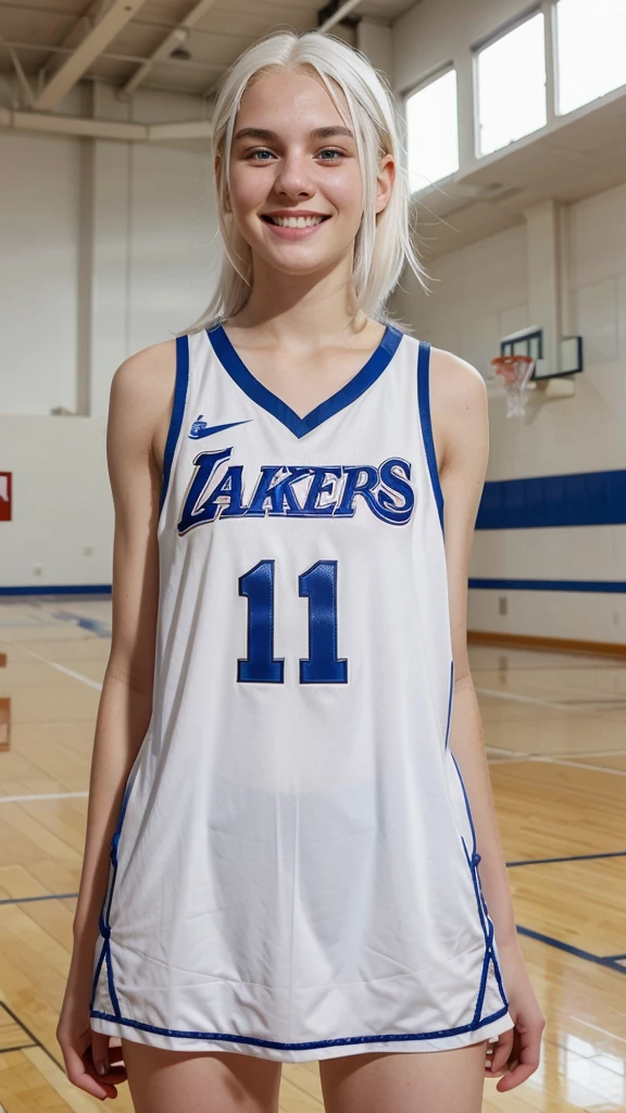 girl with white hair, blue eyes, white skin basketball player smiling