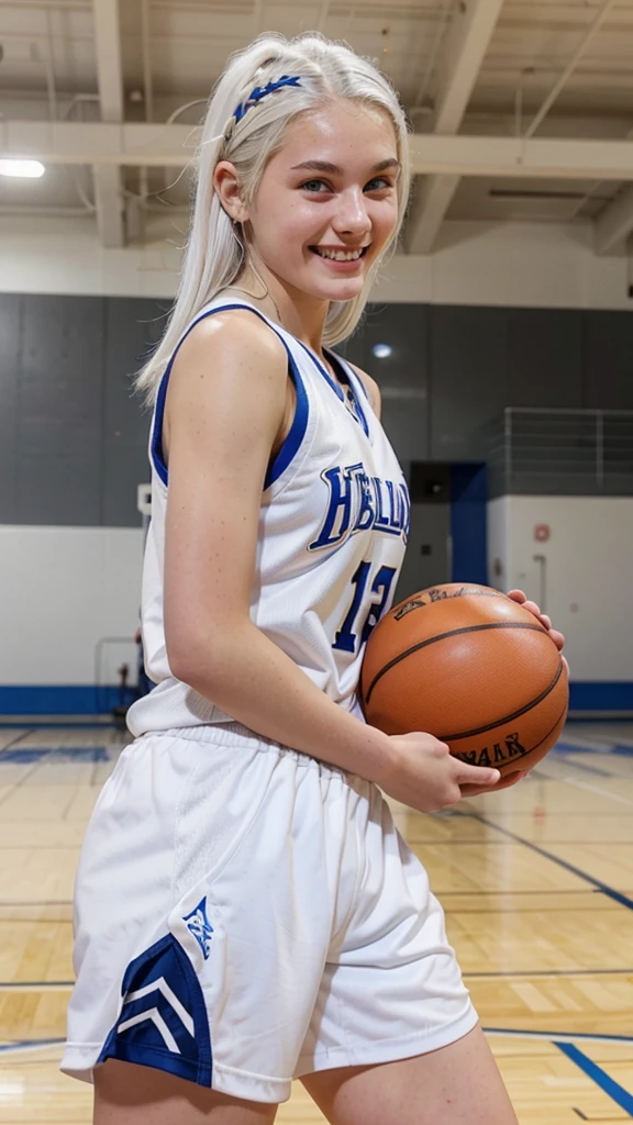  girl with white hair, blue eyes, white skin basketball player smiling