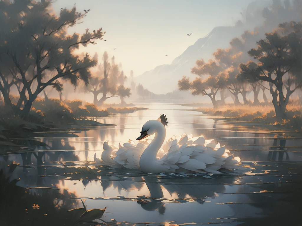 painting of a swan in a lake with a tree in the background, swan, peaceful and graceful, elegant and refined painting, swans, by Robert Bateman, inspired by Frederick Goodall, wings of a swan, by Ma Shi, beautiful and graceful, swanland, a painting of white silver, inspired by Robert Bateman, “ ethereal, by Bruno Liljefors