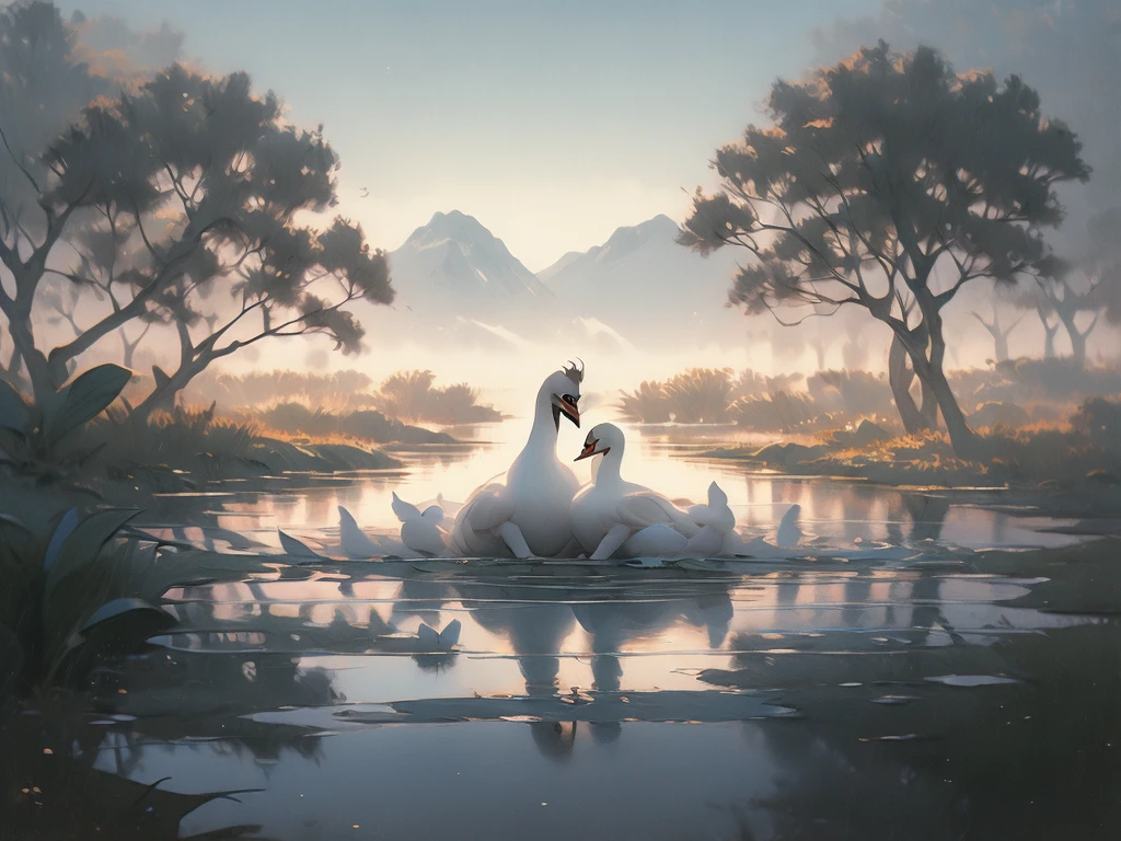 painting of a swan in a lake with a tree in the background, swan, peaceful and graceful, elegant and refined painting, swans, by Robert Bateman, inspired by Frederick Goodall, wings of a swan, by Ma Shi, beautiful and graceful, swanland, a painting of white silver, inspired by Robert Bateman, “ ethereal, by Bruno Liljefors