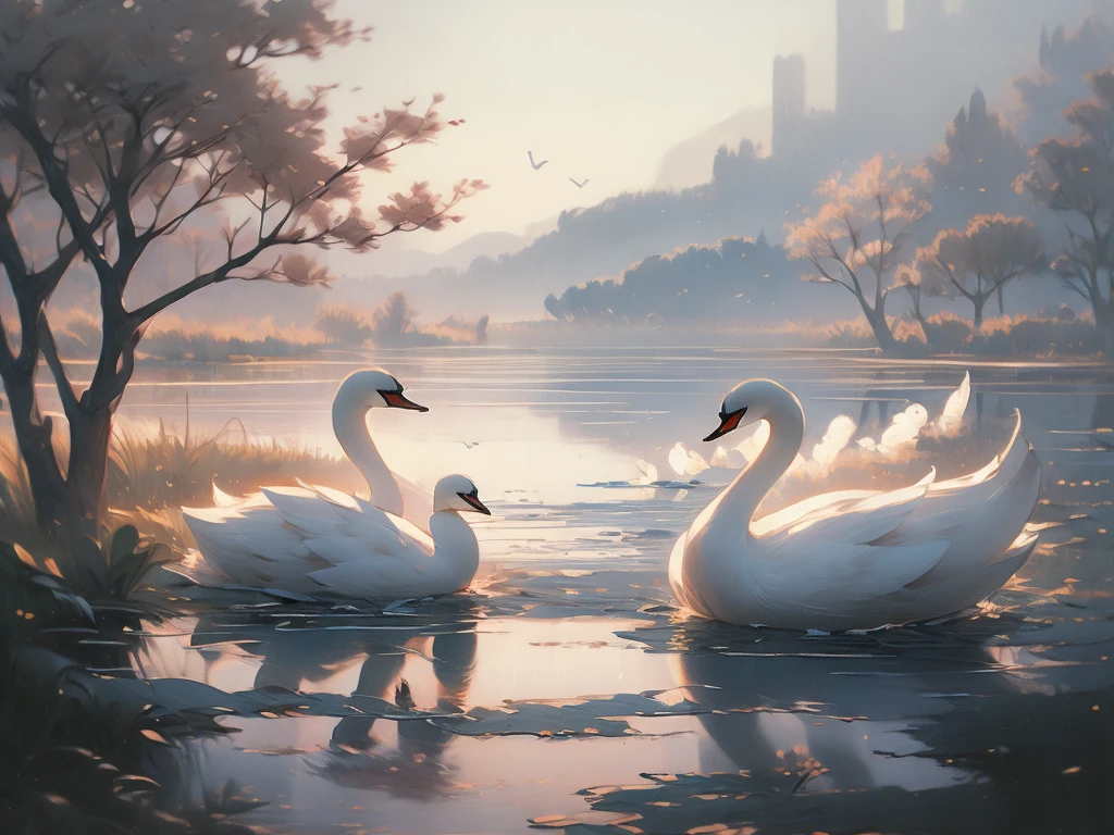 painting of a swan in a lake with a tree in the background, a pastel by Robert Bateman, trending on cgsociety, fine art, swan, peaceful and graceful, elegant and refined painting, swans, wings of a swan, beautiful and graceful, swanland, a painting of white silver, “ ethereal, beautiful art, elegant oil painting, serene, gorgeous painting