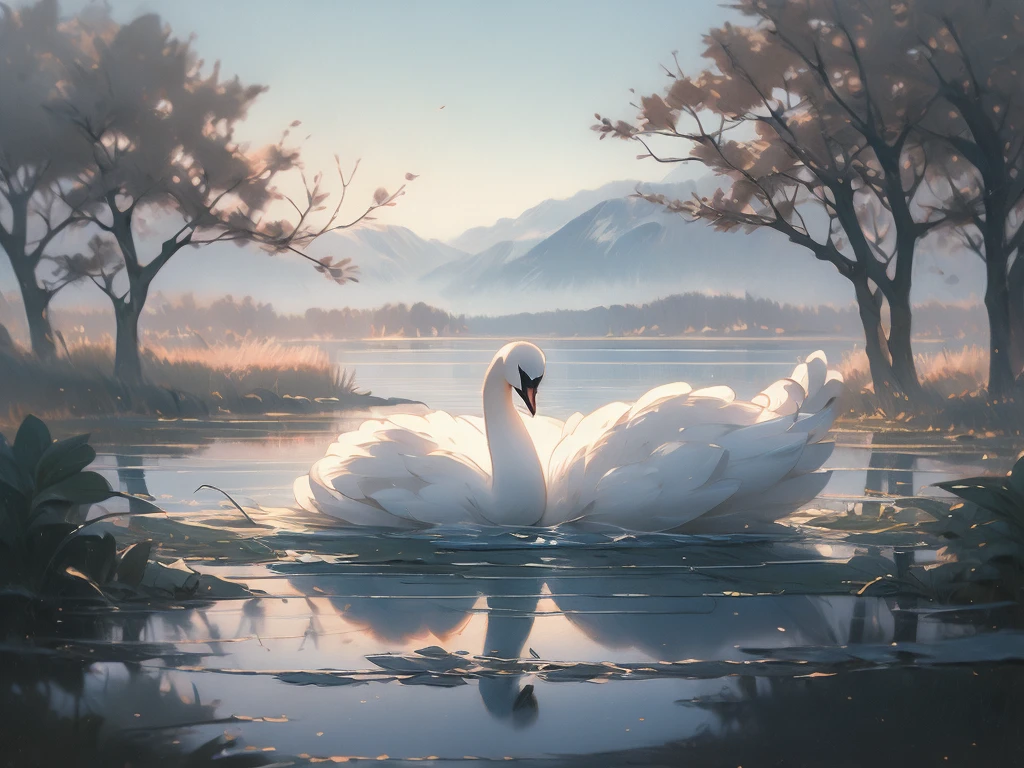 painting of a swan in a lake with a tree in the background, a pastel by Robert Bateman, trending on cgsociety, fine art, swan, peaceful and graceful, elegant and refined painting, swans, wings of a swan, beautiful and graceful, swanland, a painting of white silver, “ ethereal, beautiful art, elegant oil painting, serene, gorgeous painting