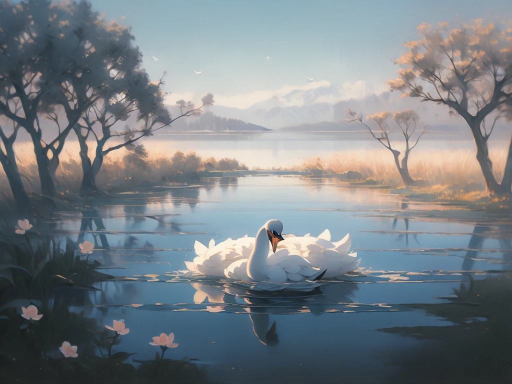 painting of a swan in a lake with a tree in the background, a pastel by Robert Bateman, trending on cgsociety, fine art, swan, peaceful and graceful, elegant and refined painting, swans, wings of a swan, beautiful and graceful, swanland, a painting of white silver, “ ethereal, beautiful art, elegant oil painting, serene, gorgeous painting