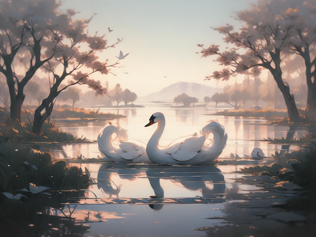 painting of a swan in a lake with a tree in the background, a pastel by Robert Bateman, trending on cgsociety, fine art, swan, peaceful and graceful, elegant and refined painting, swans, wings of a swan, beautiful and graceful, swanland, a painting of white silver, “ ethereal, beautiful art, elegant oil painting, serene, gorgeous painting