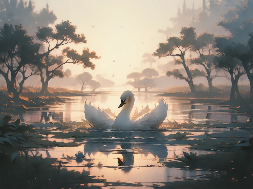 painting of a swan in a lake with a tree in the background, swan, peaceful and graceful, elegant and refined painting, swans, by Robert Bateman, inspired by Frederick Goodall, wings of a swan, by Ma Shi, beautiful and graceful, swanland, a painting of white silver, inspired by Robert Bateman, “ ethereal, by Bruno Liljefors