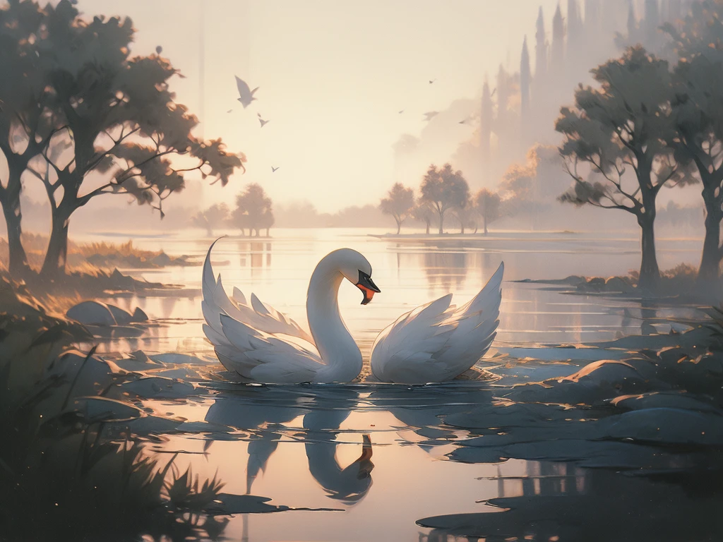 painting of a swan in a lake with a tree in the background, swan, peaceful and graceful, elegant and refined painting, swans, by Robert Bateman, inspired by Frederick Goodall, wings of a swan, by Ma Shi, beautiful and graceful, swanland, a painting of white silver, inspired by Robert Bateman, “ ethereal, by Bruno Liljefors